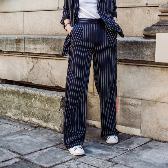 Babaton Sadiki Wide Leg High Waisted Blue Striped Pants Size 0 - Picture 1 of 7